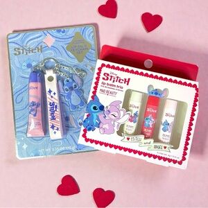 Stitch Lip Balm Set and Lip Oil Gloss w/ Keychain & Wristband Disney NEW NIP